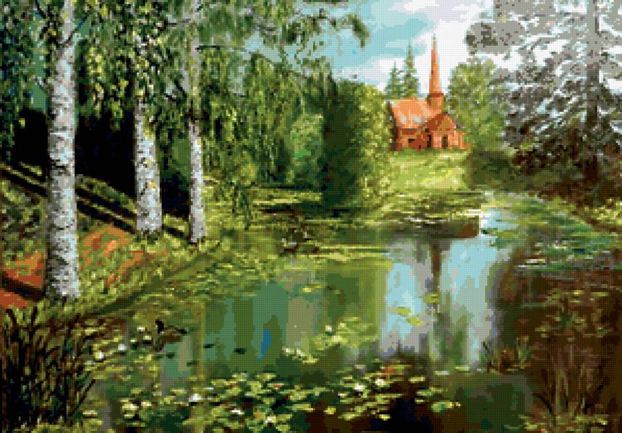 живописный уголок - река, деревья, домик, пейзаж - предпросмотр