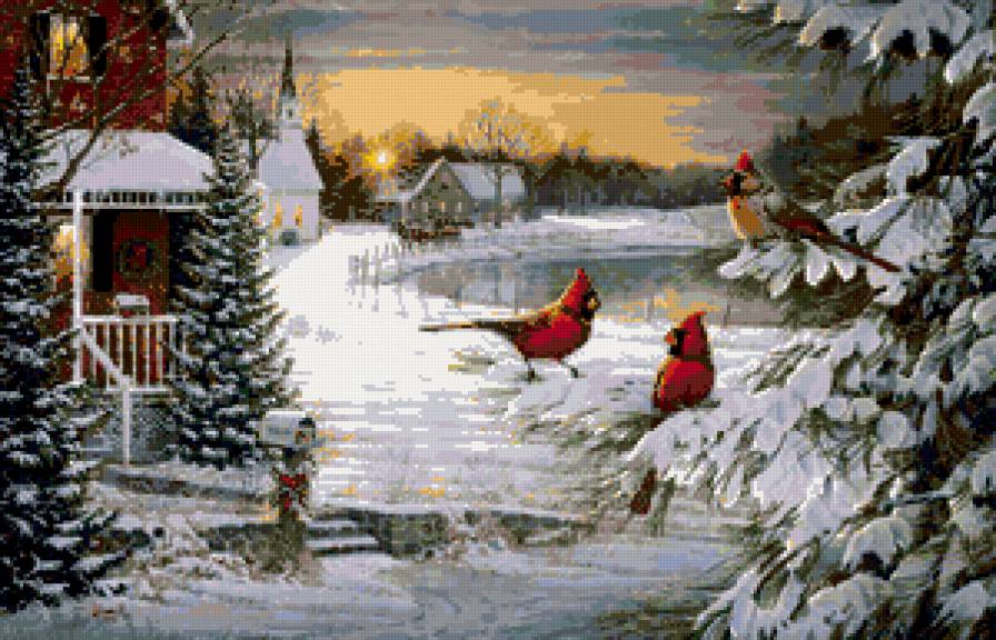 Зимний вечер - птицы, картина, зима, пейзаж, природа - предпросмотр