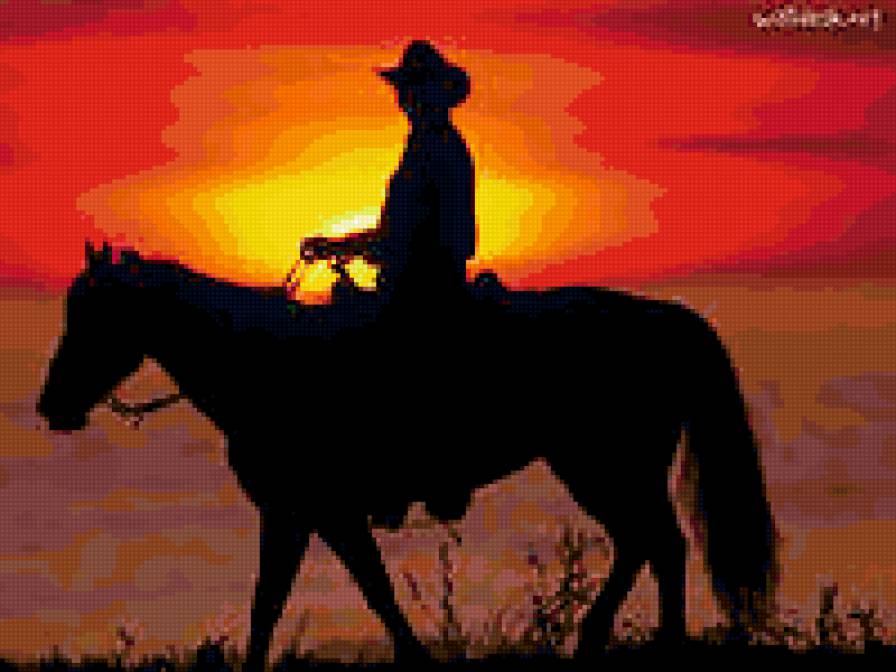 ковбой - ковбой, закат, конь - предпросмотр