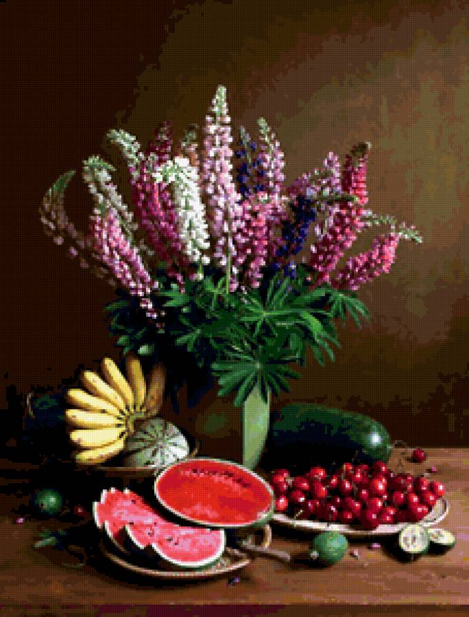 натюрморт - арбз, бананы, ваза, люпин, вишни - предпросмотр