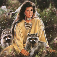 Схема вышивки «девушка с енотами»