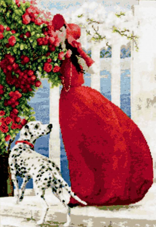 Аромат роз - собака, роза, цветы, девушка - предпросмотр