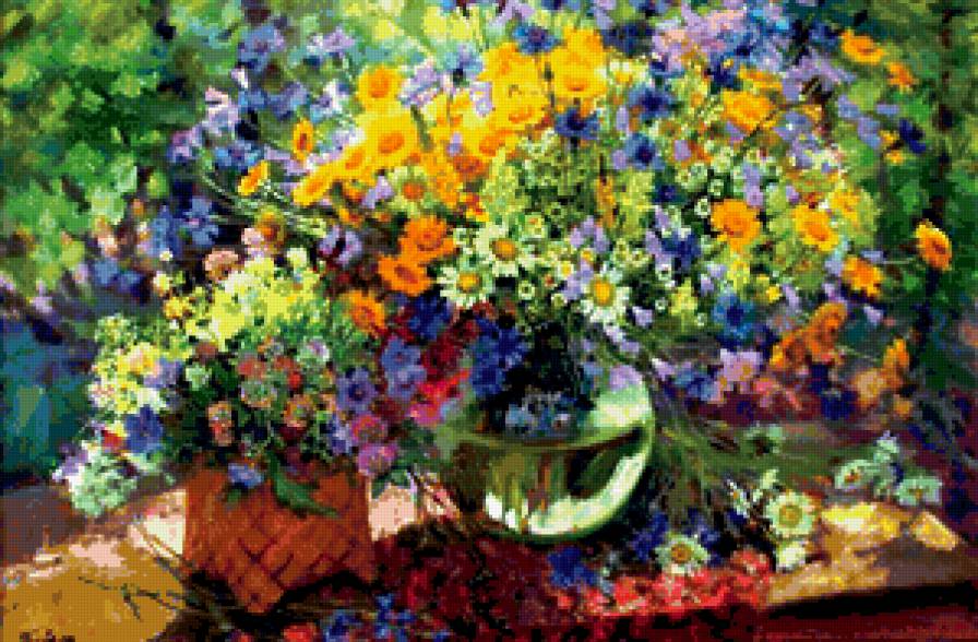 Луговые цветы - ромашки, цветы, васильки, ваза - предпросмотр