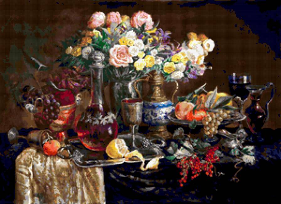 Натюрморт с красным вином - фрукты, живопись, картина, виноград, ягоды, натюрморт, вино - предпросмотр