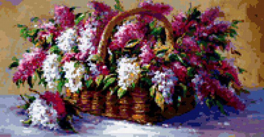 Сирень в лукошке - букет сирени, сирень, картина - предпросмотр