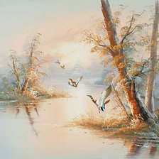 Схема вышивки «Охота.Утки над озером»