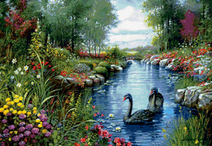 лебеди - лебедь, цветы, птицы, пейзаж, картина, пруд, живопись, природа - предпросмотр