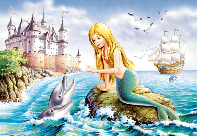 дельфины и русалка - пейзаж, море, мифология, русалки, корабль, сказка, дельфин, чайки - оригинал