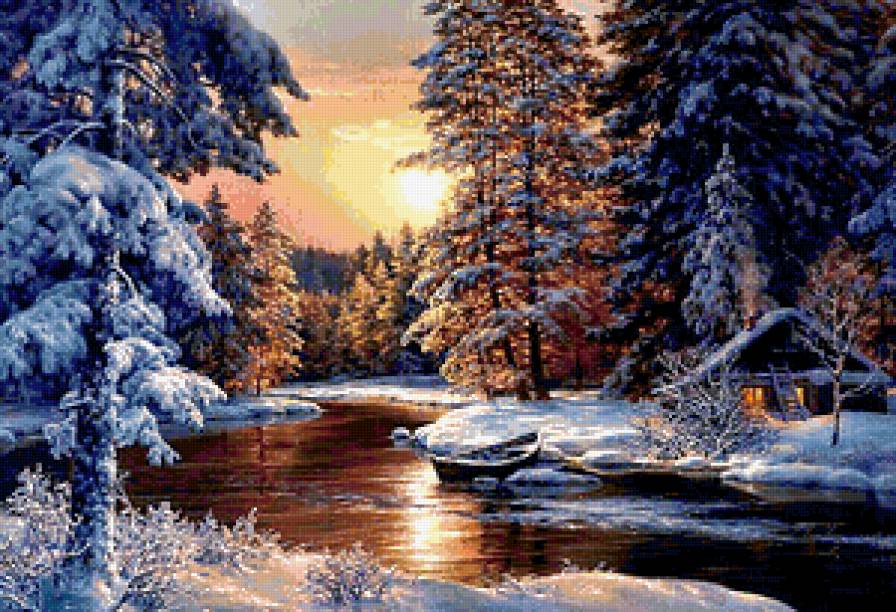 Зимняя Река - зимний лес, река, лес, лодка - предпросмотр