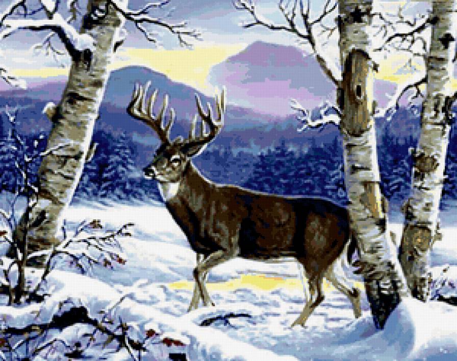 Олень - зима, олень, березки - предпросмотр
