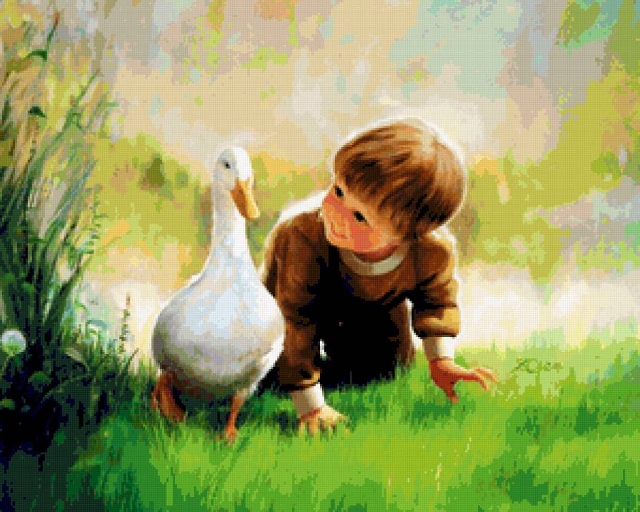 ребёнок - картина, ребенок, утка, природа - предпросмотр