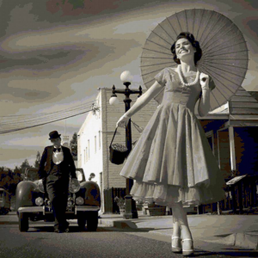 Милое ретро - улица, авто, девушка, ретро, зонтик, мужчина, фото - предпросмотр