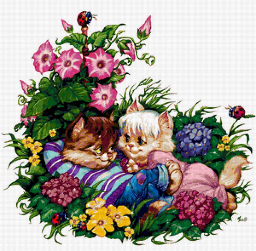 Кошки в цветах - вьюнок, кошка, кошки в цветах, цветы, кошки, животные - предпросмотр