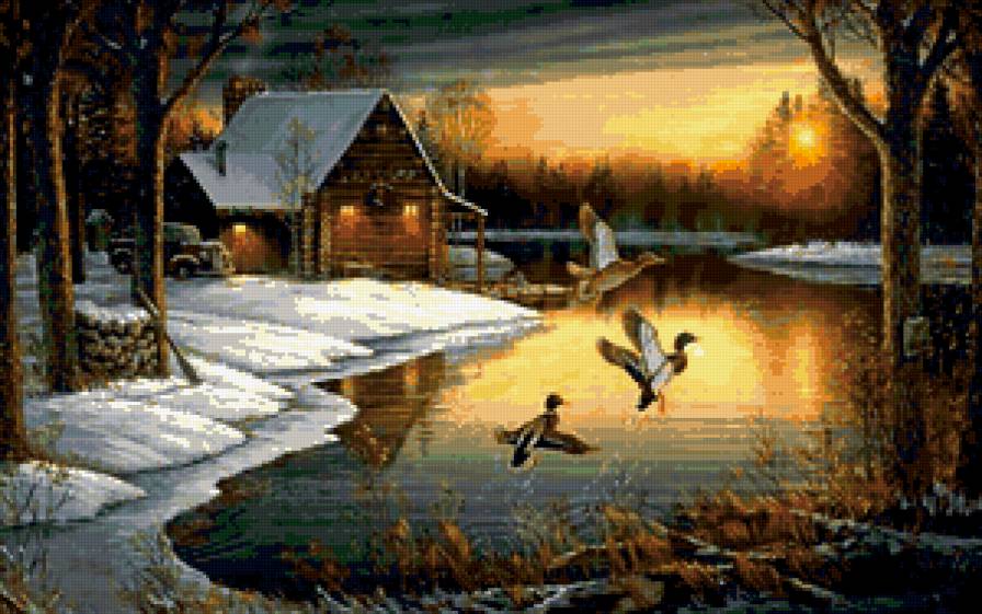 Избушка - домик, пейзаж, река, природа, птицы, утки - предпросмотр