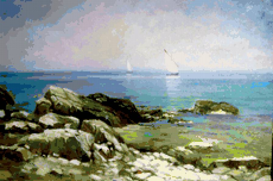 парусники на горизонте - парусник, камни, берег, река, пейзаж, море - предпросмотр