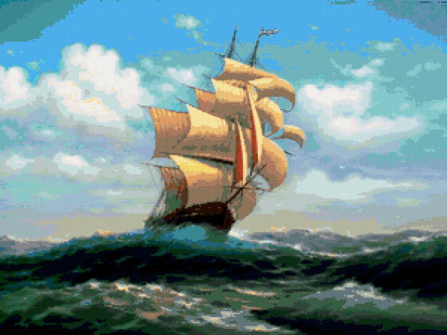 парусник - море, парусник, пейзаж, волна - предпросмотр