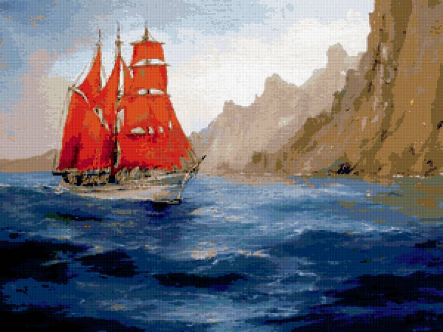 алый парусник - парусник, море, пейзаж, скала - предпросмотр