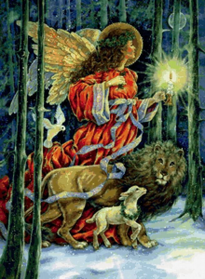 рождество - ангелы, лес, животные, праздник, лев, хищники, зима, ангел, барашек - предпросмотр