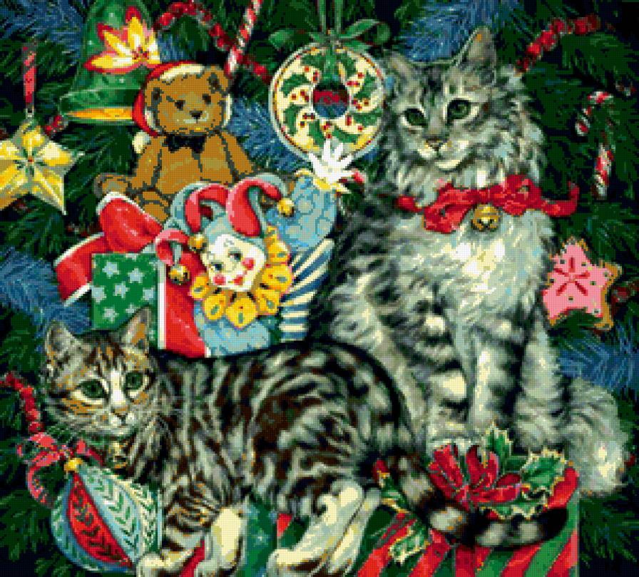 кошки - зима, кошечки, коты, кот, игрушки, животные, рождество, новый год, кошка - предпросмотр