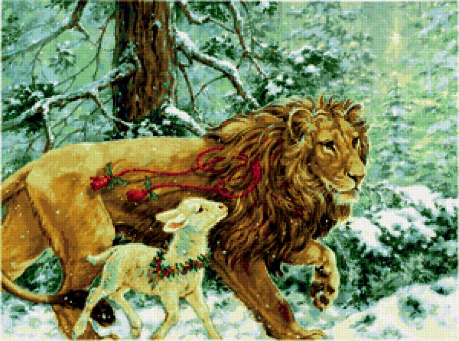животные - лев, овечка, рождество, хищники, зима, кошки, барашек, львы - предпросмотр