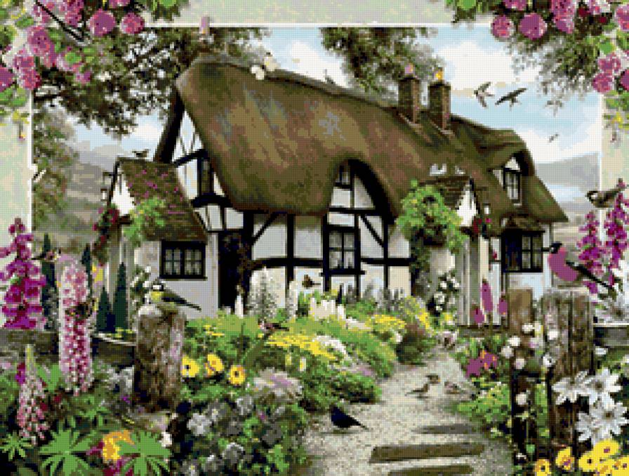 №206564 - дом, дворик, картина, птицы, цветы - предпросмотр