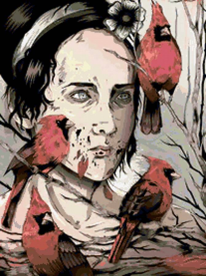 печаль - грусть, девушка, портрет, птицы - предпросмотр