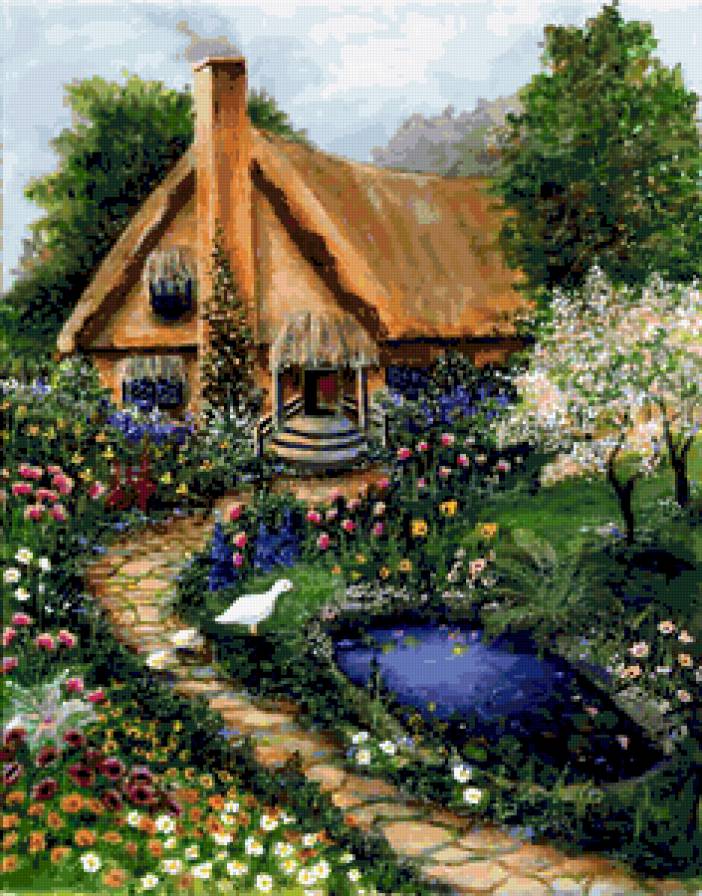 пейзаж - природа, цветы, пейзаж, домик, сад - предпросмотр