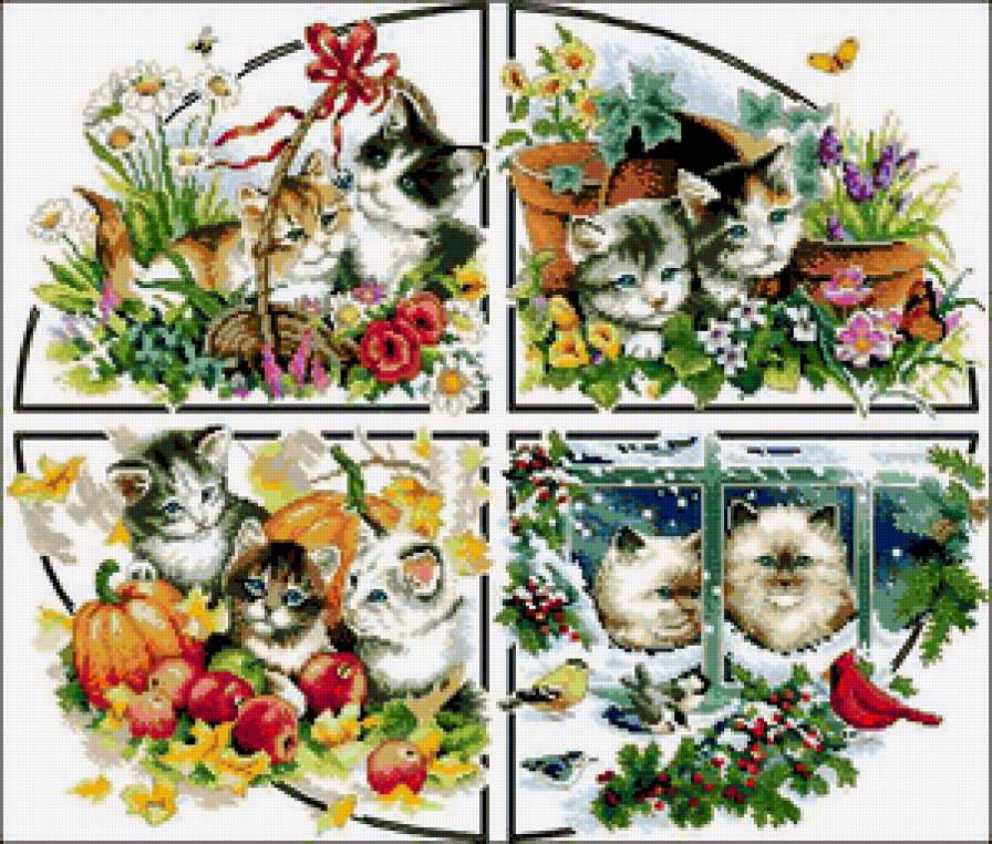 Времена года - кот, коты, кошкa, цветок, кошки, птицы, котенок, времена года - предпросмотр