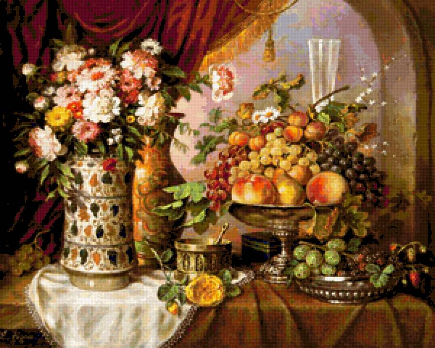 натюрморт, с китайской вазой - картина, натюрморт, фрукты - предпросмотр