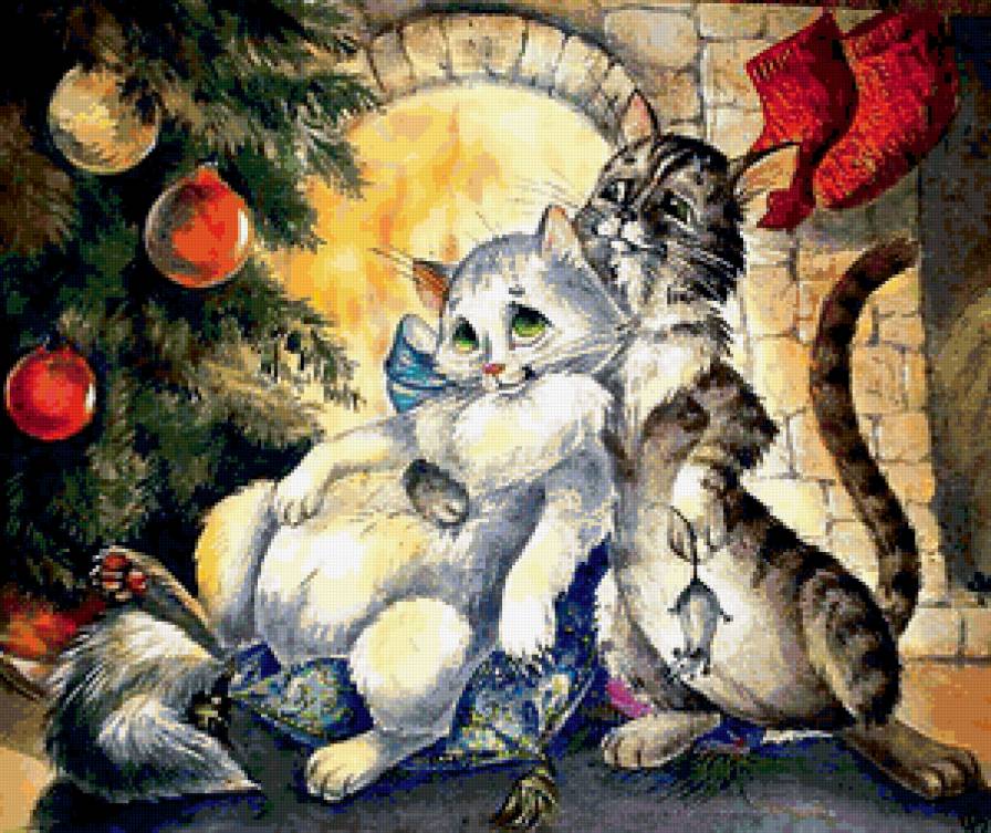 Рождественский вечер - камин, рождество, кошки - предпросмотр