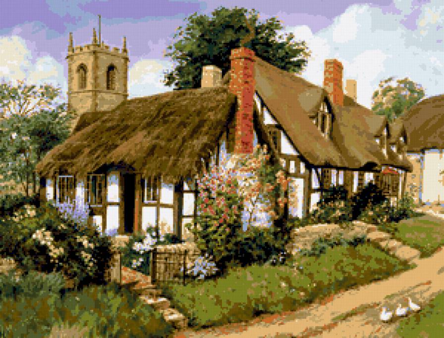 №209657 - картина, деревенский пейзаж, дом, дворик - предпросмотр