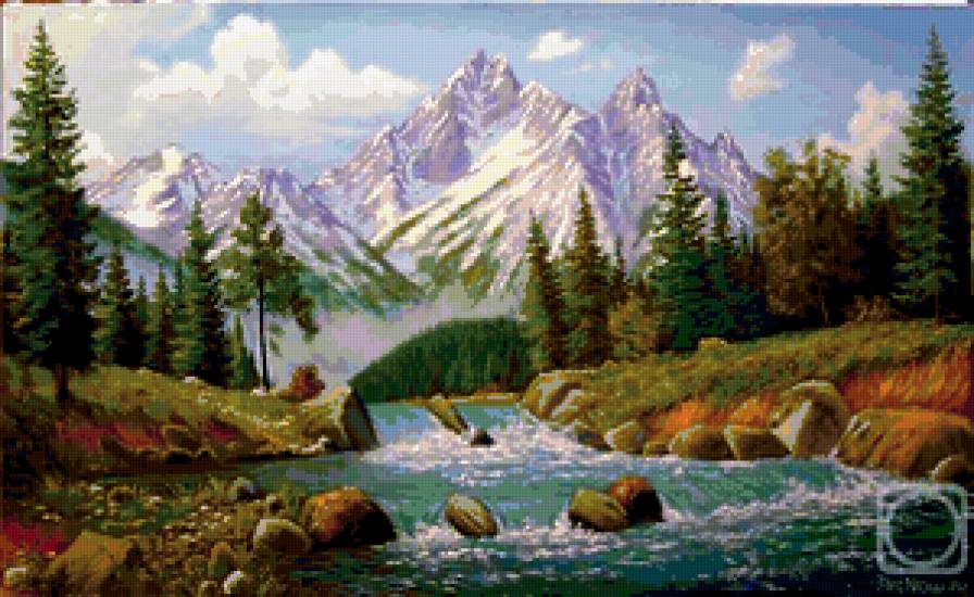 пейзаж - горы, лес, природа, река - предпросмотр