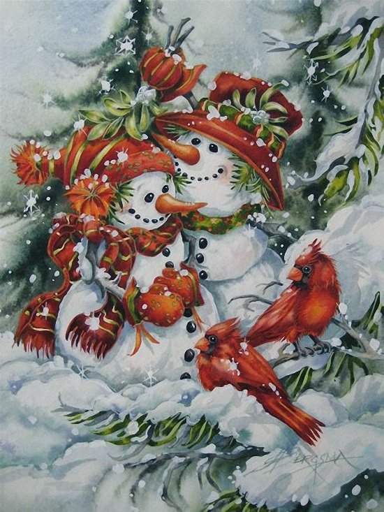 №211120 - снеговик, птицы, снег, елка, пара, зима - оригинал