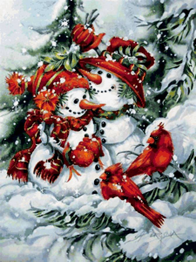 №211120 - пара, птицы, снеговик, зима, снег, елка - предпросмотр