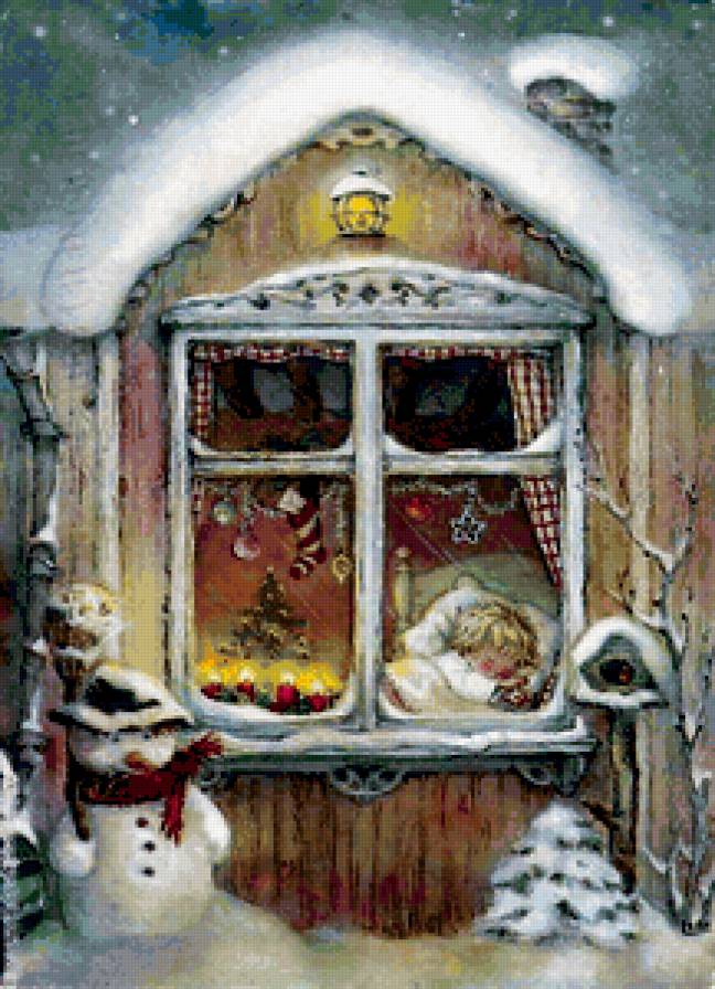 №211138 - снеговик, сон, дом, зима, снег, елка, окно, ребенок - предпросмотр