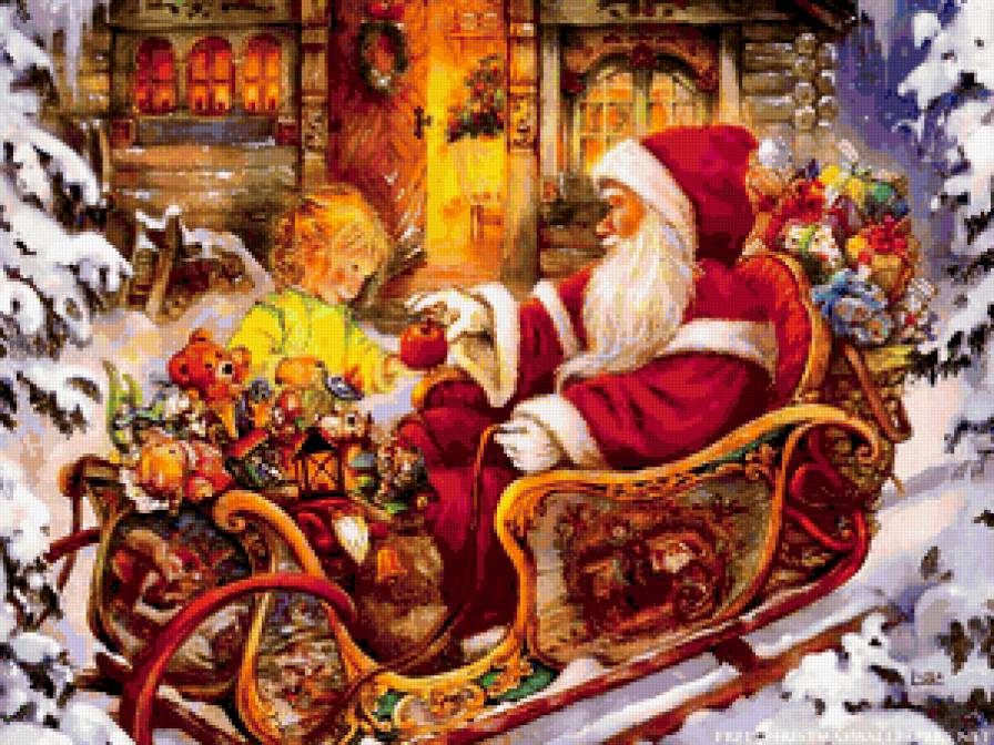 №211149 - сани, ребенок, зима, подарки, дом, санта, снег - предпросмотр