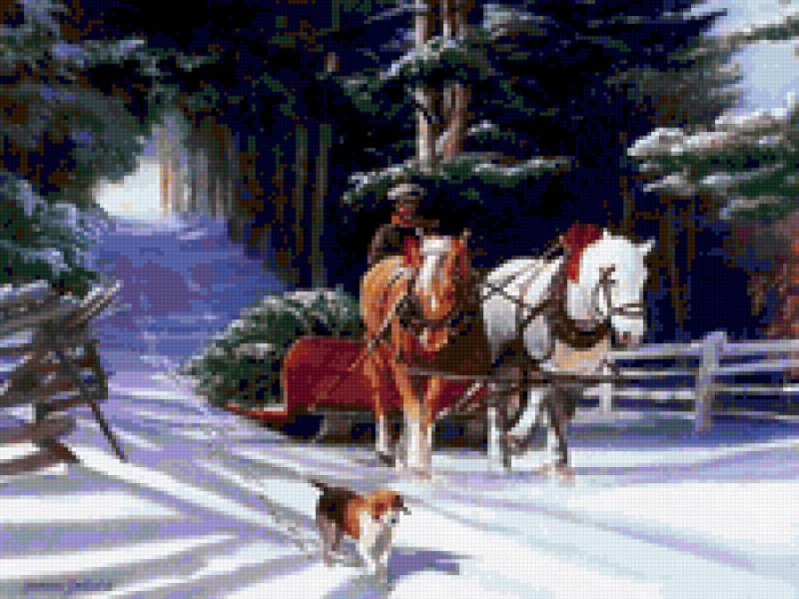 3 - лошади, картина, лес, природа - предпросмотр