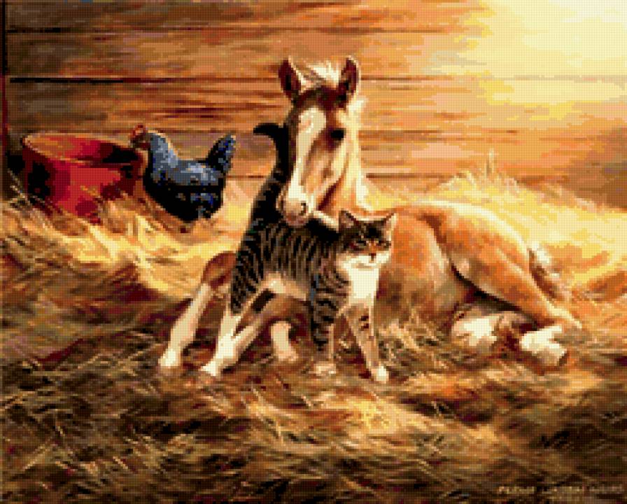 в конюшне - кошка, конюшня, жеребенок - предпросмотр