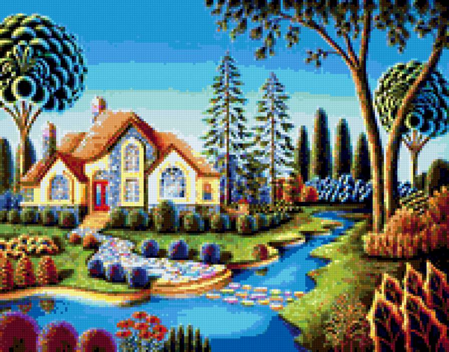 88897 - домик, замок, река, избушка, фентези, пейзаж, фэнтези, мост, городской - предпросмотр