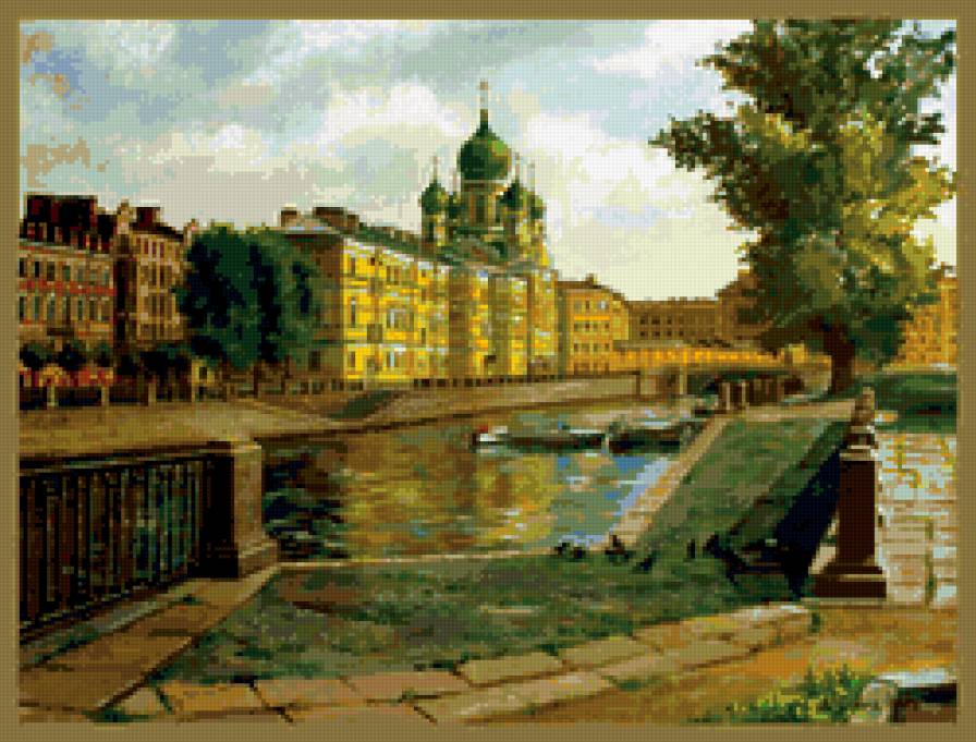 городской пейзаж - картина, городской пейзаж, вода, набережная - предпросмотр