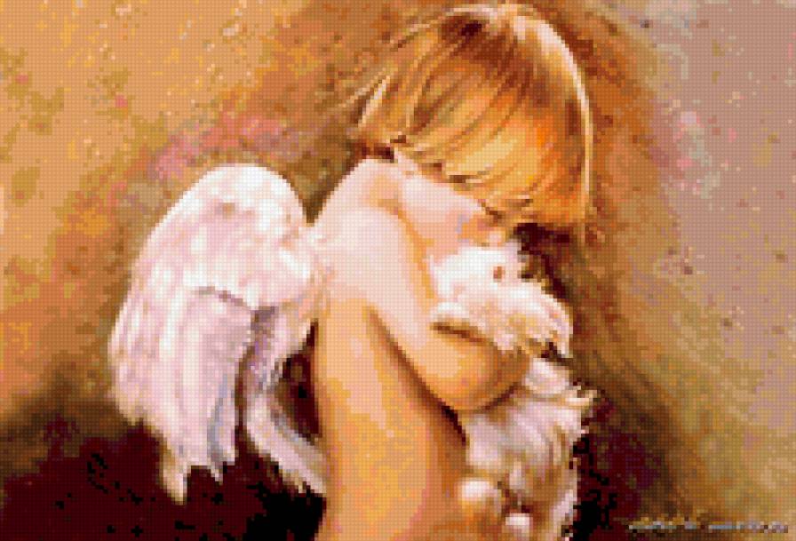 ангелочек с кроликом - пасха, картина, ангел, дети - предпросмотр