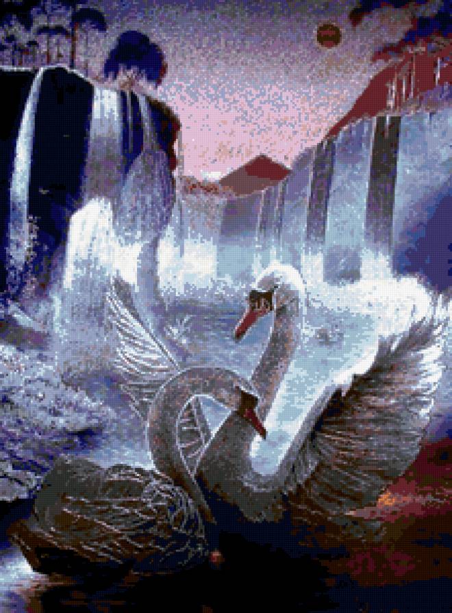 лебеди - водопад, лебеди, животные - предпросмотр