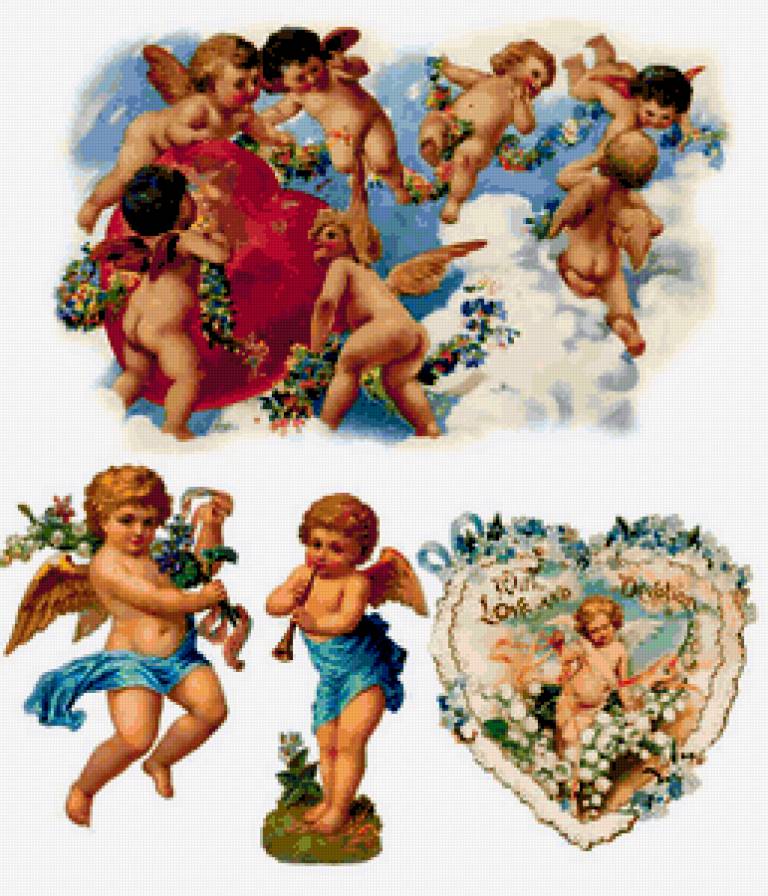 Винтажные ангелы и купидоны - любовь, валентинка, ангелы, купидоны, валентинки, сердечки - предпросмотр