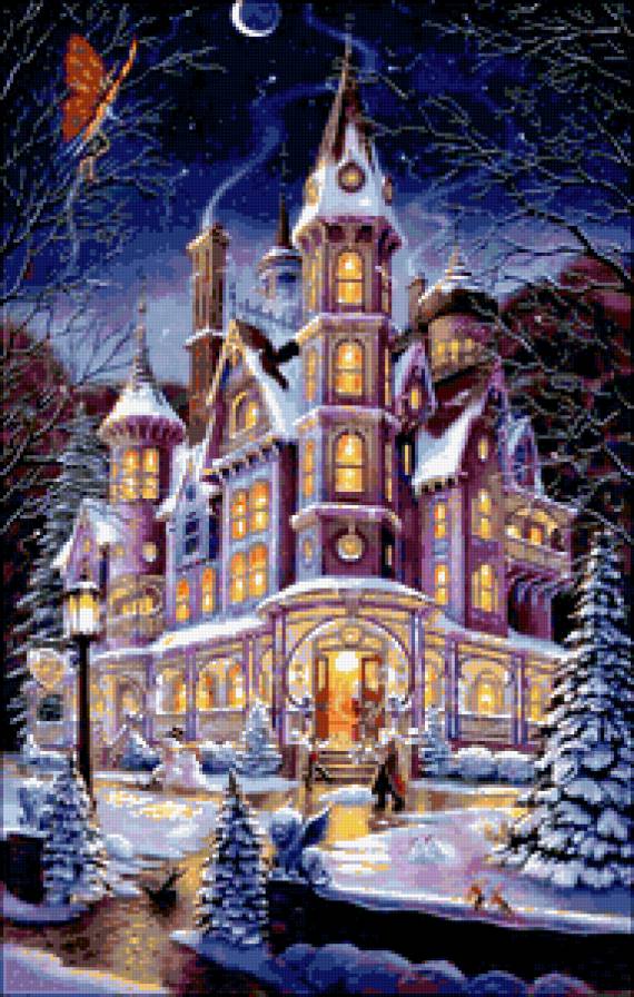 №213495 - елка, эльфы, снег, фонарь, феи, дом, зима - предпросмотр