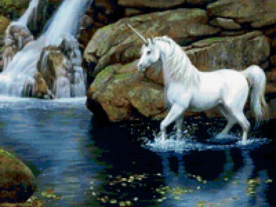 Единорог - водопад, отражение, единорог, скалы - предпросмотр