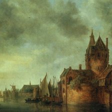 Схема вышивки «Гойен Ян. Замок на реке с лодками у причала.»