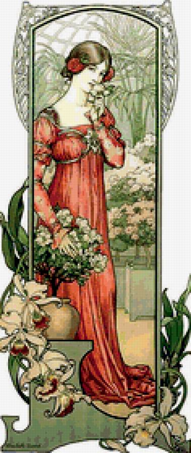 девушка в красном - живопись, картина, цветы, сад - предпросмотр