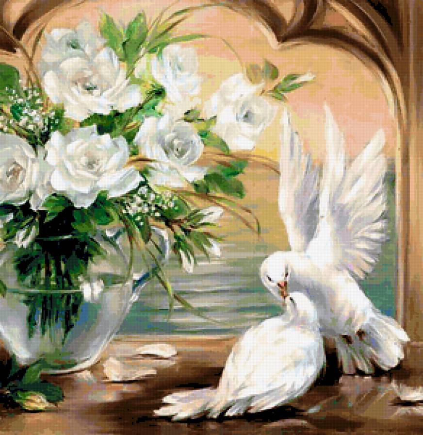 ГОЛУБИ - голуби, розы, цветы, картина, природа - предпросмотр