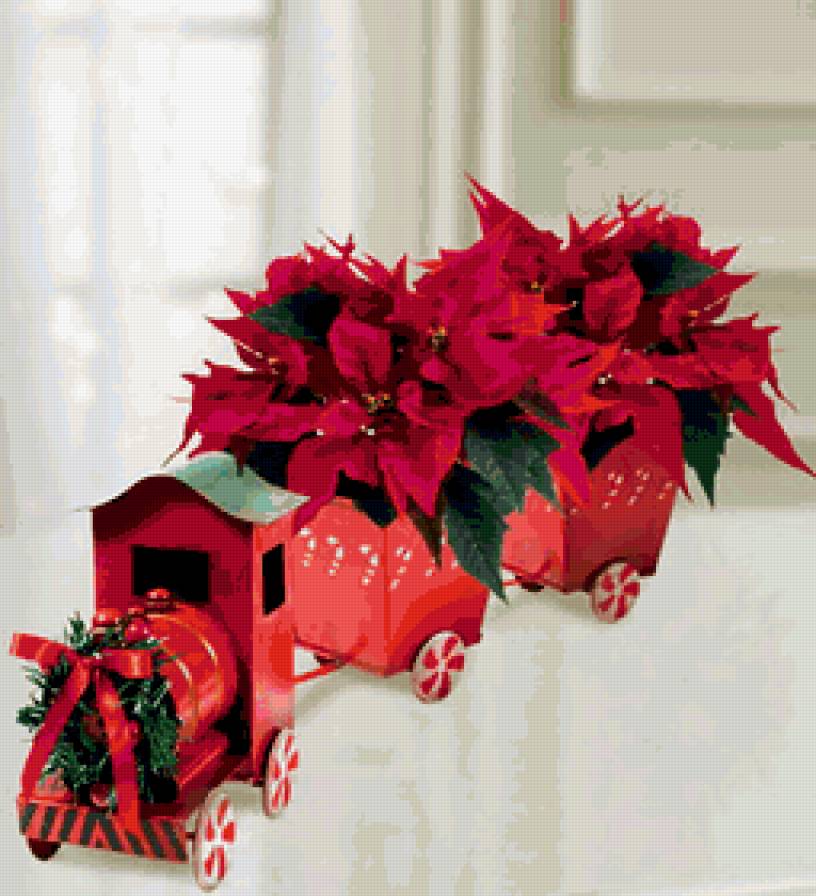 Рождественский поровозик - подарок, рождество, пуансетия, композиция, праздники, поровоз - предпросмотр