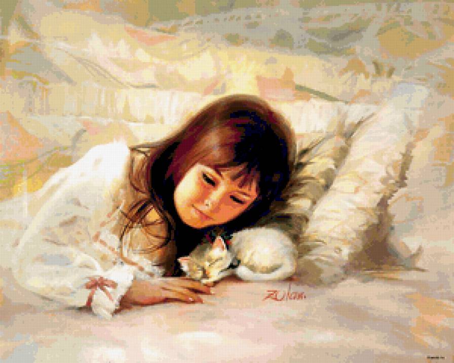 Девочка - ребенок, котенок, девочка, постель - предпросмотр